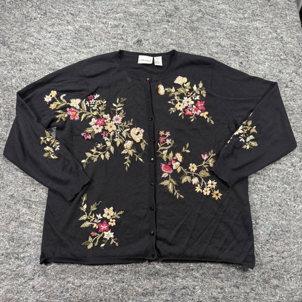 Fashion Bug Vintage Floral Embroidered Beaded Cardigan Black Plus Size 18/20